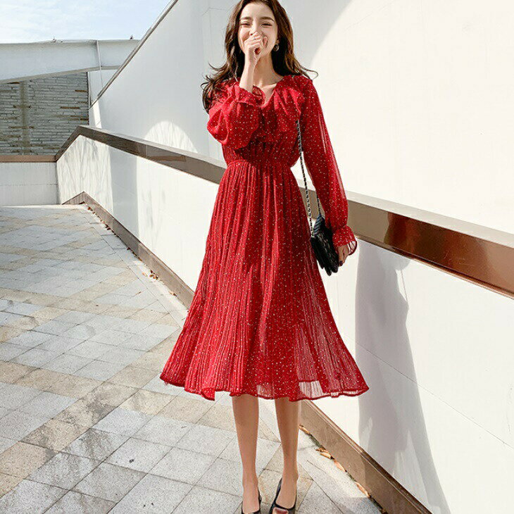 送料無料 シフォン レトロワンピ シフォンドレス ドット ミモレ丈 レディース ワンピース フリル 袖フリル ウエストマーク 上品 透け感 ドレスワンピ プリーツ フレア ゆれワンピ シフォン デート ママ 海 リゾート 体型カバー