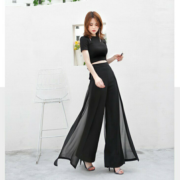 送料無料 女優パンツ シフォン ハイウエスト ワイドレッグ パンツ フェアリー パンツスカート エアリー レディース 透け感 夏 ゆれ スタイリッシュ モード 黒 ブラック 大人 上品 デザイン デザインカット ブーツカット ボトムス お出かけ お呼ばれ(4.0)