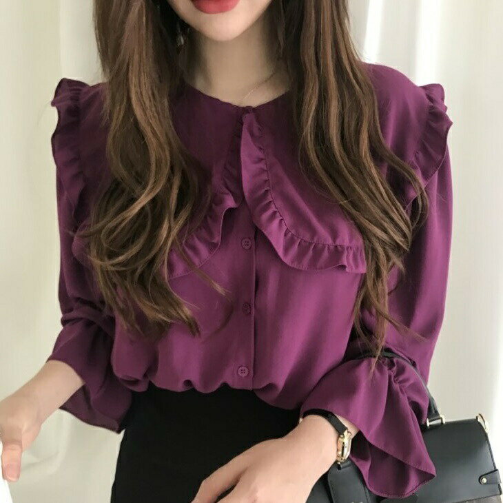 樂天商城 - 送料無料 シックブラウス フリルシャツ 襟 デザイン ブラウス 夏 レディース 前開き ボタン ワイシャツ レトロ フリル カジュアル オフィス 上品 大人 ママ ママファッション ガールズ 黒 ブラック ブルー パープル 春 秋 冬