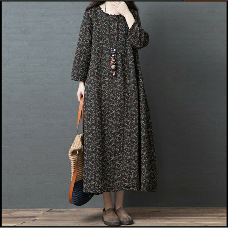 送料無料 小花柄 ゆるワンピ ワンピース Aライン ゆったり ワイドサイズ 襟レース ラウンドネック 黒 ブラック ブラウン ロング丈 体型カバー リラックス ママ マタニティ ママファッション カバーアップ フレアワンピース 柄