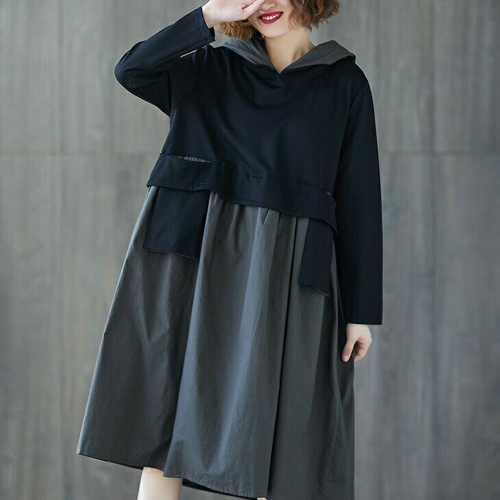 樂天商城 - 送料無料 スウェットワンピ ゆるワンピ ポケット付き スウェット ワンピース レディース リラックス フード トレーナー フーディー シンプル ミモレ丈 長袖 ロング丈 部屋着 コーデが要らない 膝下 無地 黒 ブラック グレー