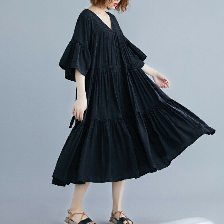 樂天商城 - 送料無料 プラスサイズ ドレスワンピ Vネック タッセル スタイルカバー ワンピース レディース ミモレ丈 フレア Aライン シンプル ミドル丈 袖あり 半袖 コーデが要らない 膝下 無地 ブラック お出かけ デート ママ マタニティ ママファッション