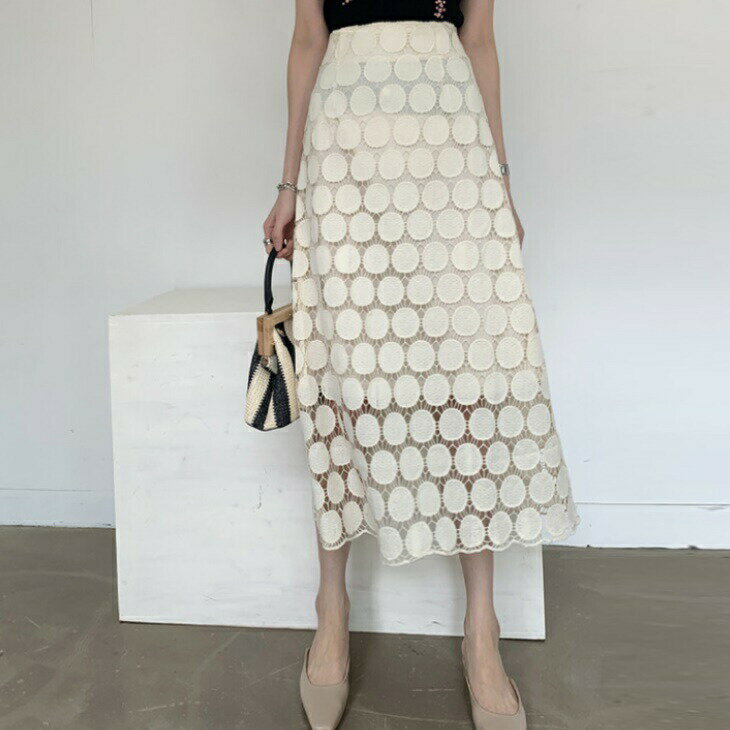 送料無料 ドットレーススカート タイトスカート 総レーススカート ミドル丈 ミモレ丈 Iライン タイト レディース ドット 水玉 ラウンド..