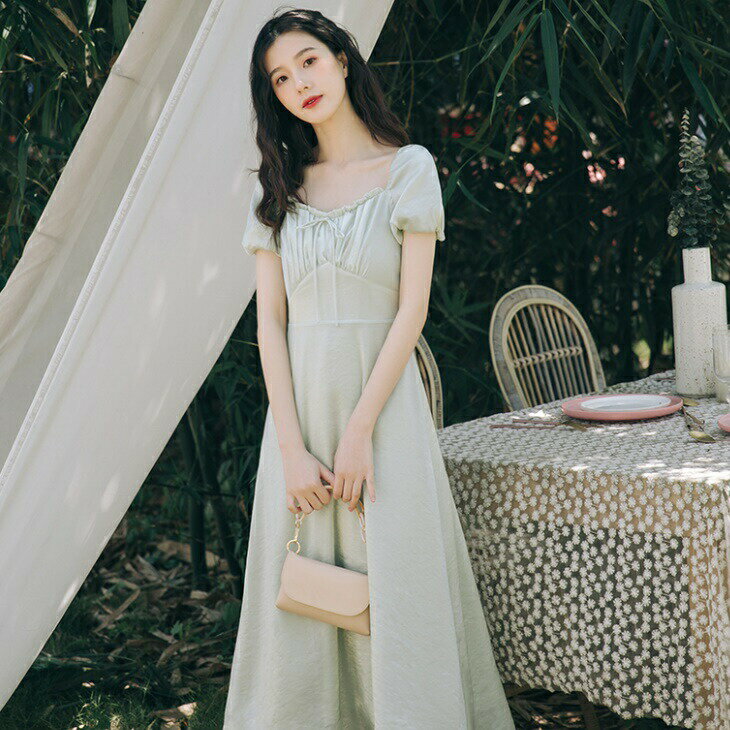 樂天商城 - 送料無料 パフスリーブ ドレスワンピ スクエアネック お姫様ワンピ 半袖 フレアロングワンピ 細見え リボン とろみ ライトグリーン ワンピース レディース カジュアル 上品 ins トレンド 今季 人気 デート ママ オフィス 春 夏 秋