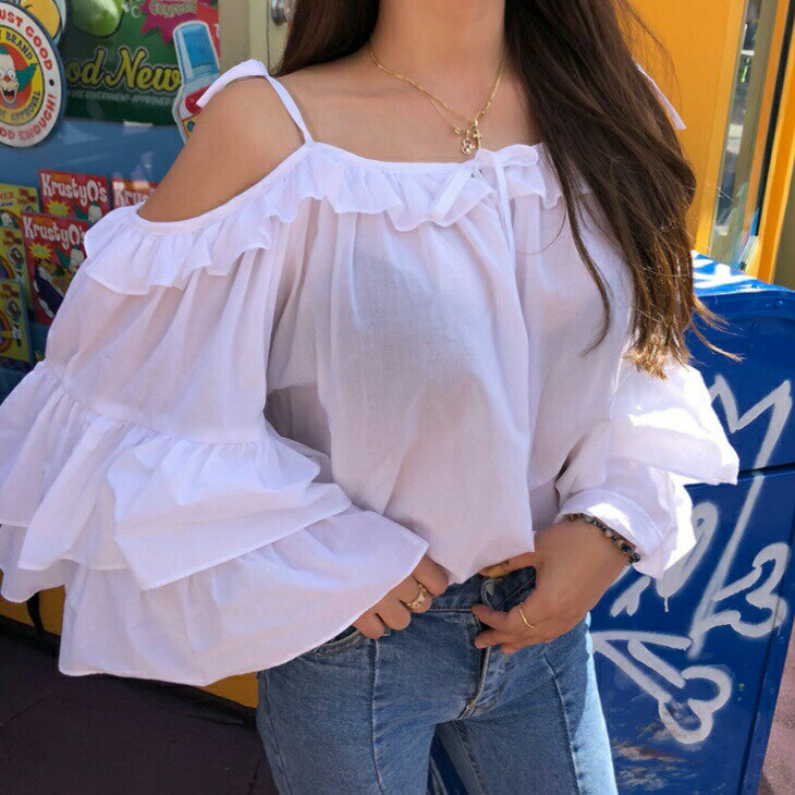 樂天商城 - トップス ブラウス フリル オフショル ストラップ シフォンシャツ 半袖 長袖 フレア ボリュームトップス レディース 春 夏 秋 ホワイト ブラック カジュアル ショートトップス ママ ママファッション お出かけ 透け感