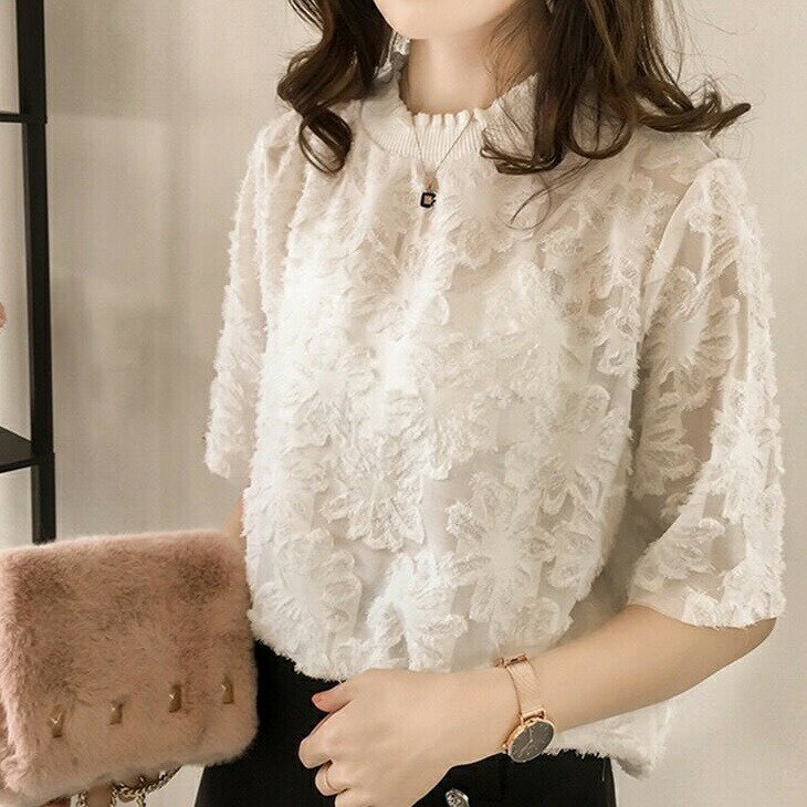 レース トップス シースルー ブラウス 長袖 半袖 シャツ 刺繍 襟 ギャザー ハイネック 透け感 レディース お出かけ お呼ばれ フォーマル オフィス 春 夏 秋 カジュアル ママ ママファッション プチプラ 花柄 総レース