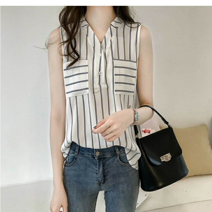 ノースリーブブラウストップスボーダ...