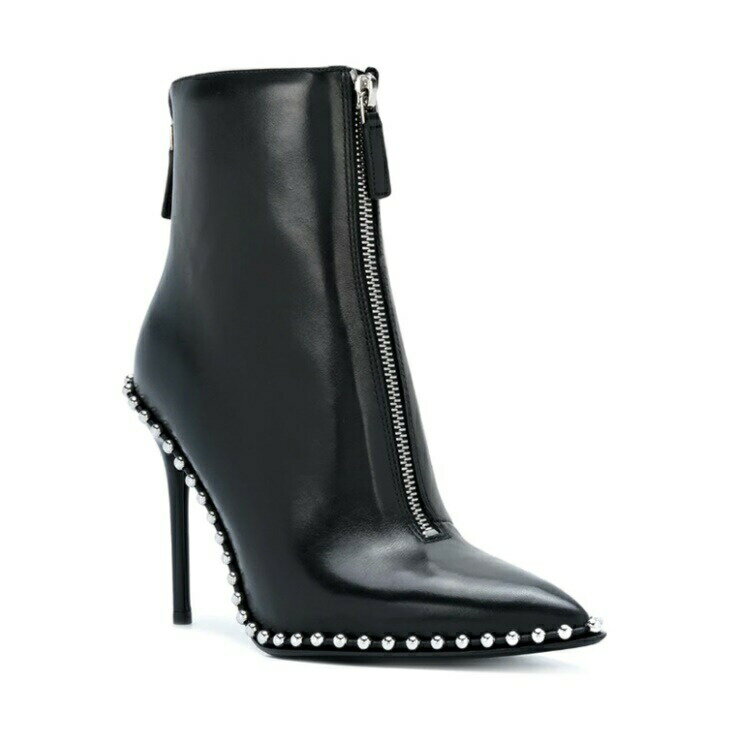 スタッズ フロントジッパー デザイン ショートブーツ ピンヒール ハイヒール ポインテッドトゥ ショートブーツ ローヒール ブーツ ヒール シューズ 靴 デザイン 秋 冬 ファッション 美脚 レディース お出かけ ins デート 韓国 トレンド ママ ガール