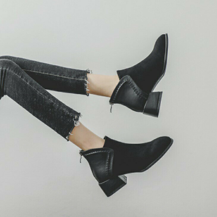 部分スエード調アンクルショートブーツ マーティンブーツ 厚底デザインブーツ ブーツ ヒール サイドジッパー ミディアムブーツ 靴秋冬 美脚 レディース ins デート 韓国 トレンド ママガール 大人のブーツ 大人コーデ 大人カジュアル アラサーコーデ