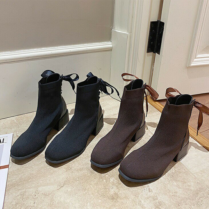 秋冬 韓国ファッション 2色 ブーツ ショートブーツ ソックスブーツ 5ヒール レディース レディース靴 レディースシューズ 大人 きれいめ 上品 シック シンプル レースアップ 歩きやすい 痛くない