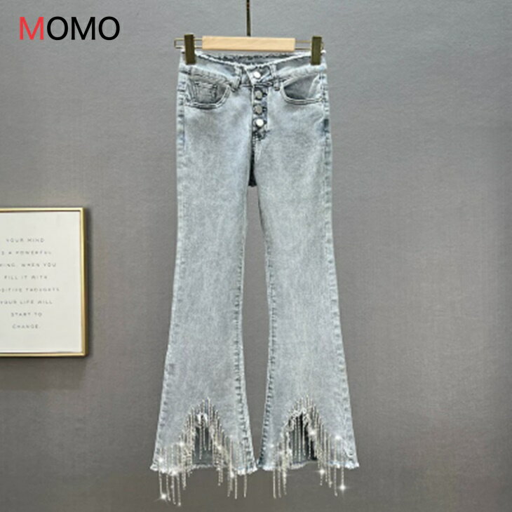 Bell Bottom Jeans - ストレッチデニムパンツ ワイドレッグパンツ フレアパンツ 裾パールレース人カジュアルコーデ 大人ファッション 大人コーデ 大人韓国コーデ 韓国ファッション アラサーファッション アラサーコーデ ナチュラルコーデ アラフォーコーデ アラフォーファッション