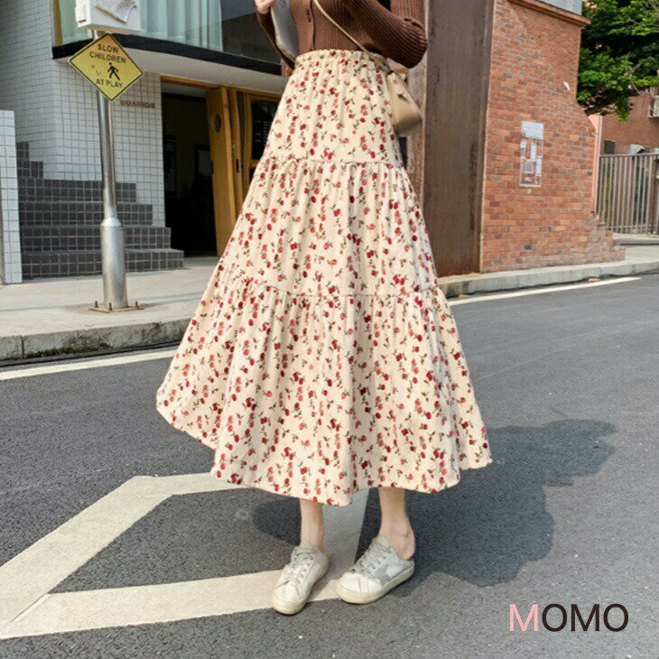 樂天商城 - フローラルコーデュロイスカート シンプルフェアリー清楚スカート ミドル丈スカート フェアリーロングスカート カジュアルコーデ 大人カジュアル 大人コーデ アラサーコーデ アラサーファッション アラフォーコーデ 大人韓国コーデ ママコーデ ins
