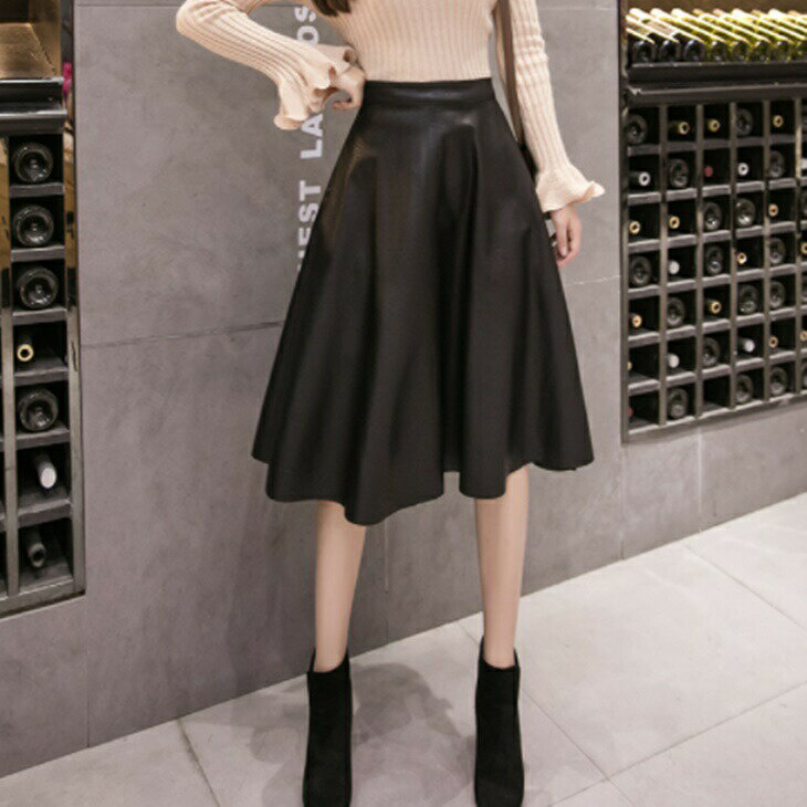 樂天商城 - レザー調ミドル丈スカート Aライン革スカート 丈夫なPU皮スカート 大人カジュアル 大人コーデ 秋冬スカートコーデ アラサーコーデ アラサーファッション アラフォーコーデ アラフォーファッション ワンマイルコーデ 韓国コーデ ins