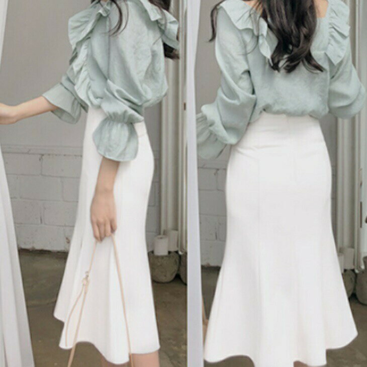フィッシュテールフリルスカート ミドル丈スカート Aライン 大人スカート 大人ファッション 大人コーデ 大人カジュアル アラサーファッション アラサーコーデ ママコーデ アラサーママ アラフォーコーデ アラフォーファッション ワンマイルコーデ 大人韓国風
