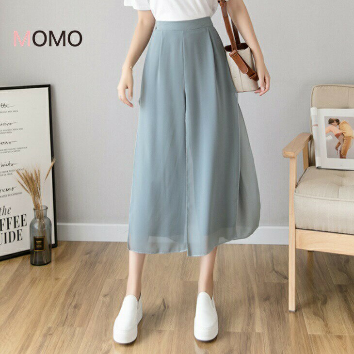 アイスシルクシフォンワイドレッグパンツ ハイウエストドレープパンツスカート 薄手クロップドパンツスカート フェアリーロングスカート カジュアルコーデ 大人カジュアル 大人コーデ アラサーコーデ アラサーファッション アラフォーコーデ 大人韓国コーデ