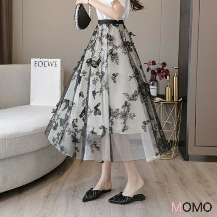樂天商城 - Aラインバタフライ立体刺繍スカート ハイウエストスカート フェアリーロング丈スカート フェアリーロングスカート カジュアルコーデ 大人カジュアル 大人コーデ アラサーコーデ アラサーファッション アラフォーコーデ 大人韓国コーデ ママコーデ ins