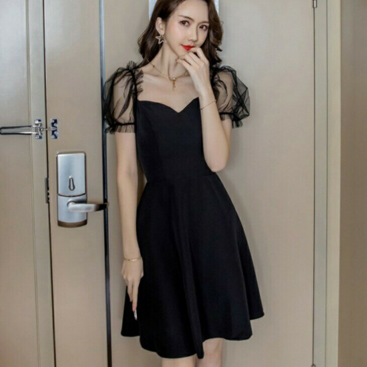 チュールスリーブ パフスリーブ シースルー フレア カラバリ スリット ドレス キャバ レディース ウエストマーク タイト セクシー ワンピース ナイトドレス 大人 ホステス パーティー パーティードレス お呼ばれ イベント 上品 きれいめ 水商売