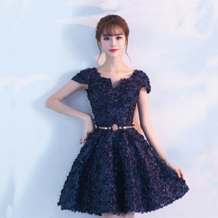 花柄 立体 刺繍 半袖 Aライン ミニドレス ミニ丈 フレア イブニングドレス ドレス キャバ レディース ウエストマーク セクシー ワンピース ナイトドレス 大人 ホステス パーティー パーティードレス お呼ばれ イベント 上品 水商売