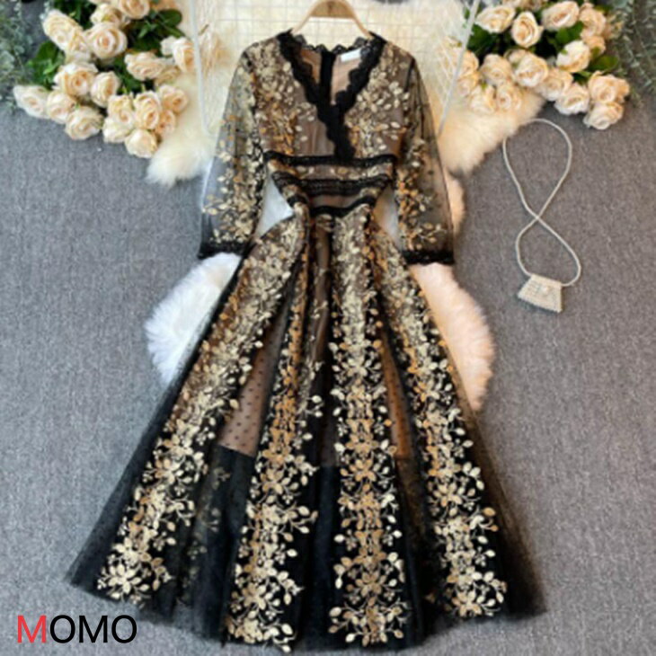 樂天商城 - チュール レース 刺繍 シースルー フレア ミニ丈 Vネック ドレスワンピ キャバドレス パーティードレス ナイトドレス キャバワンピ パーティーワンピ 上品 レディース 結婚式 二次会 パーティー OL ins 韓国 デート