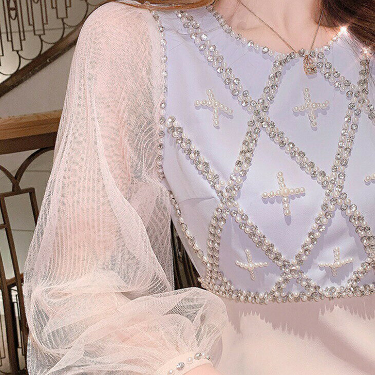 パールビジュー チュール シースルー パフスリーブ 長袖 ミニ丈 ドレスワンピ キャバドレス パーティードレス ナイトドレス キャバワンピ パーティーワンピ 上品 レディース 結婚式 二次会 パーティー OL ins 韓国 デート