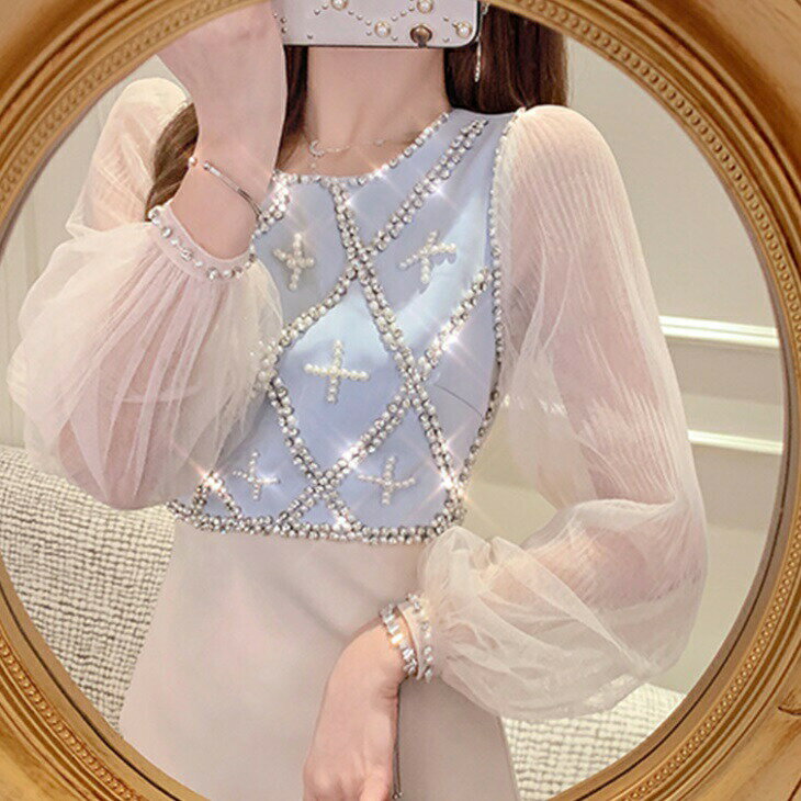 パールビジュー チュール シースルー パフスリーブ 長袖 ミニ丈 ドレスワンピ キャバドレス パーティードレス ナイトドレス キャバワンピ パーティーワンピ 上品 レディース 結婚式 二次会 パーティー OL ins 韓国 デート