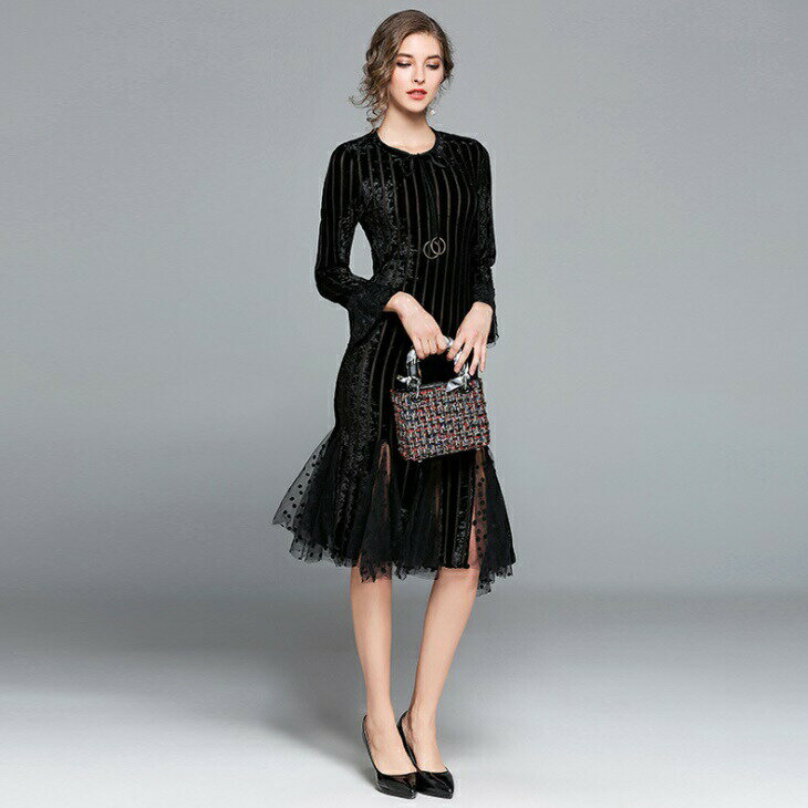 樂天商城 - マーメイドライン チュールスリット ストライプ パーティードレス キャバドレス ナイトドレス ドレスワンピ プリーツ 柄 ワンピース ドレス スタイルアップ 細見え 長袖 結婚式 二次会 パーティー レディース OL ins 韓国 デート カジュアル