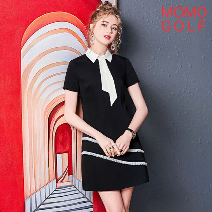 大きいサイズ レディース ゴルフウエア ボウタイ付 薄手スリムワンピース 被らないデザイン ゴルフワンピース スリムワンピース 半袖シンプルワンピ 着痩せワンピ...