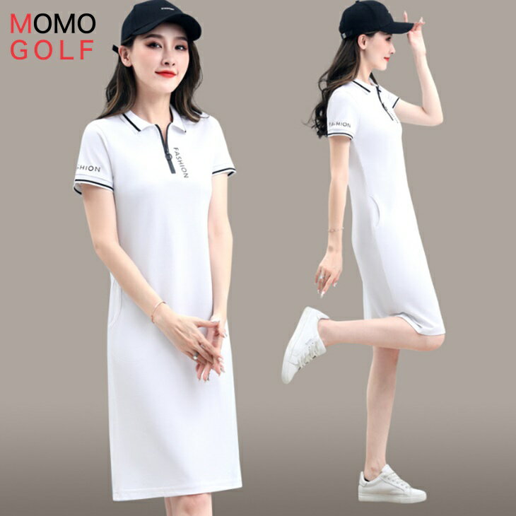 大きいサイズ レディース ゴルフウエア 半袖Aラインワンピース ポケット付き コットン素材 ミドル丈 シンプルゴルフワンピース スリムワンピース 着痩せワンピース 制汗清涼素材 カジュアルゴルフウエア ゴルフ女子 M〜5XL 大人カジュアル 韓国