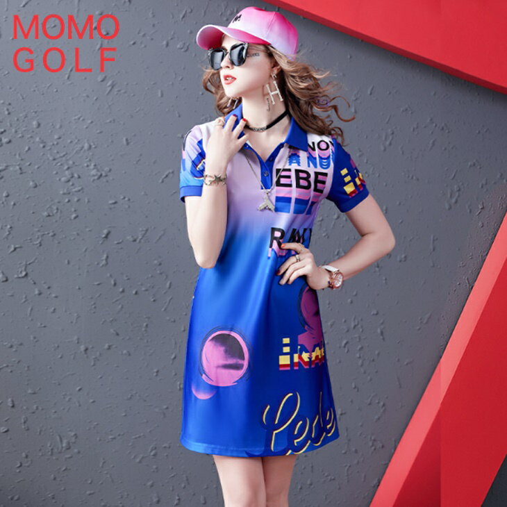 レディース ゴルフウエア サマーブルー 半袖Aラインワンピース ポロワンピース ミドル丈 シンプルゴルフワンピース スリムワンピース 着痩せワンピース 制汗清涼...
