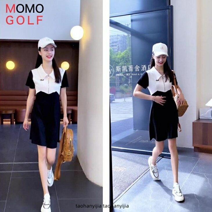 ストレッチ伸縮 レディース ゴルフウエア ジッパー式 シンプルスリム Aライン ワンピース スポーツワンピース ツートンカラー 半袖着痩せワンピ カジュアルゴル...