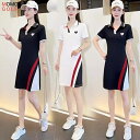 ストレッチ伸縮 レディース ゴルフウエア 開襟ワンピ シンプルスリム Aライン ワンピース スポーツワンピース ツートンカラー 半袖着痩せワンピ カジュアルゴル...