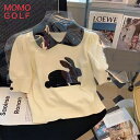 うさぎ柄が可愛い レディース ゴルフウエア 襟付き パフスリーブ 半袖サマーセーター シャツ 普段着使いにも カジュアルゴルフウエア 動きやすい 素材 オールシーズン対応 ゴルフシャツ 春夏秋冬ゴルフ サマーシャツ インポートカジュアル ゴルフウエア