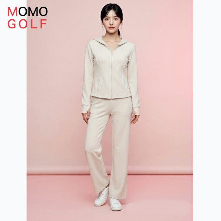Untitled Sport - レディース ゴルフウエア フード付き パーカー ワイドレッグパンツ セットアップ ツーピース 動きやすい スリム ライン 温か素材 ジッパー式 保温性 防寒防風 春秋冬 伸縮素材 着心地重視 ゴルフ女子 大人ゴルフウエア 大人カジュアル 被らない インポートゴルフウエア