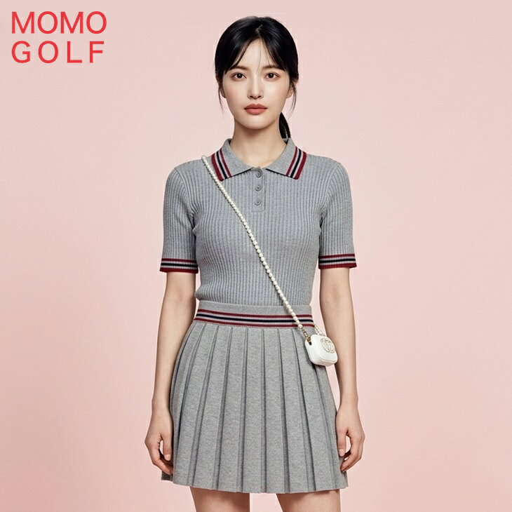 大人カジュアル&ゴルフ MOMOのグレーの やわらかニット生地が可愛い セットアップ レディース ゴルフウエア 半袖シャツ プリーツスカート セットアップ ツーピース オールシーズン カジュアル ゴルフウエア 春夏 ゴルフウエア 動きやすい 素材 韓国 ゴルフ 被らないインポート ゴルフウエア｜アングル2