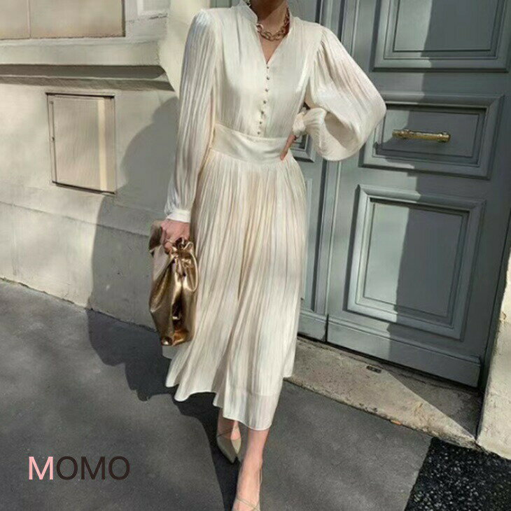 樂天商城 - サテンパフスリーブワンピース ざっくりワンピ レトロワンピ カジュアルワンピ シンプルワンピ 大人カジュアル 大人ファッション 大人コーデ アラサーファッション アラサーコーデ アラフォーコーデ アラフィフコーデ 大人韓国コーデ ins