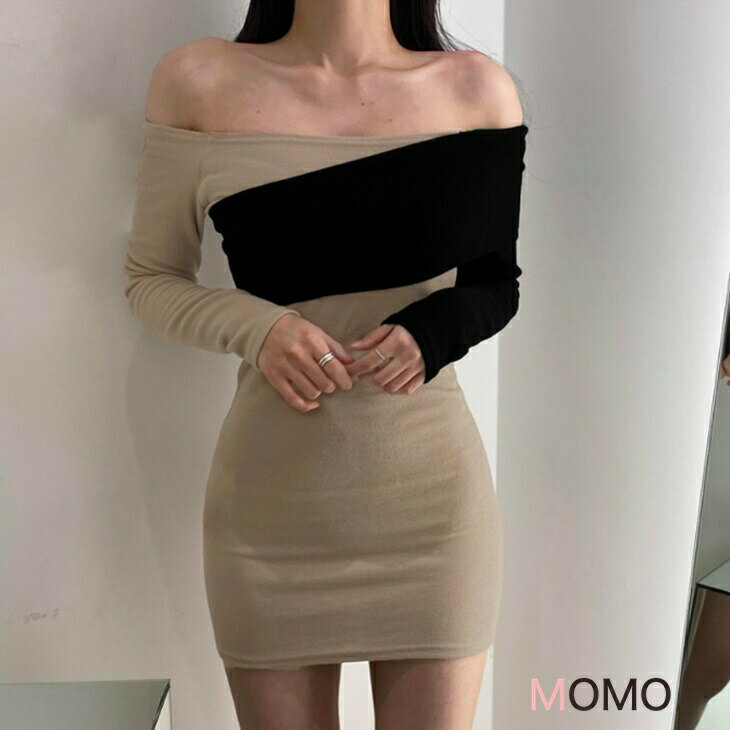 樂天商城 - ツートンカラーオフショルダータイトワンピース ワンショルダーワンピ セクシーワンピ フェアリーワンピ お出かけワンピ シンプルワンピ 大人カジュアル 大人ファッション 大人コーデ アラサーファッション アラサーコーデ 大人韓国コーデ 韓国ファッション