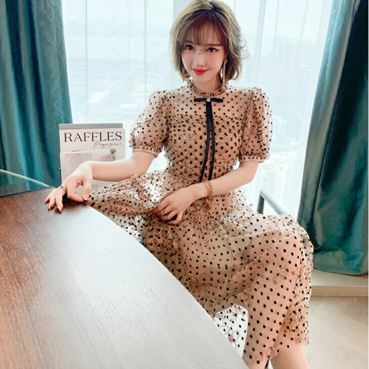 水玉レースメッシュドレスワンピース キャバドレス 半袖ミドル丈ワンピ 艶やかワンピ フェアリーワンピース セクシーワンピ 大人ワンピ 大人カジュアル 大人ファッション 大人コーデ アラサーファッション アラサーコーデ アラフォーコーデ 大人韓国コーデ