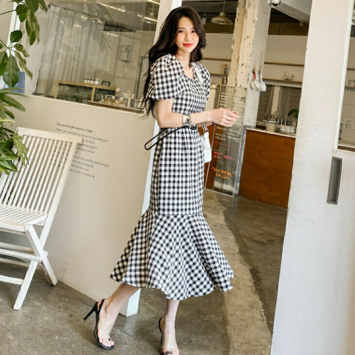 ギンガムチェック クリアベルト付き パフスリーブ ボリューム袖 フレア ミモレ丈 ロング丈 ロングワンピ 半袖 秋 冬 ワンピース カジュアル オフィス シンプル 大人 上品 レディース OL ins 家 デート 韓国 トレンド ママ
