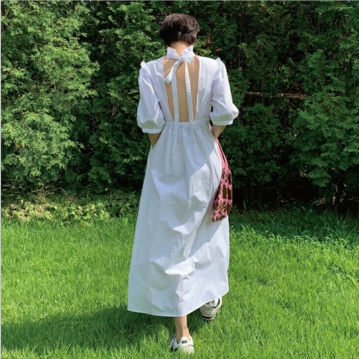 樂天商城 - バックシャン リボン ワンピース ハイネック パフスリーブ 七分袖 ハイウエスト ウエストマーク ロングワンピ ロング丈 肩フリル フリル襟 背中空き レディース 上品 カジュアル お出かけ デート ママ ママファッション