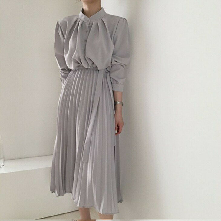 樂天商城 - ラウンドネックワンピース 大人ワンピース プリーツワンピ 綺麗ワンピ お洒落ワンピ 大人カジュアル 大人コーデ 大人韓国ファッション 大人韓国コーデ アラサーファッション アラサーコーデ アラフォーファッション アラフォーコーデ ワンマイルコーデ