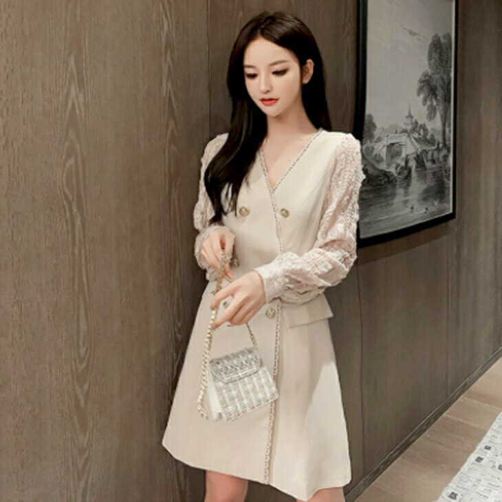 Vネックダブルワンピース レーススリーブワンピ 秋冬コーデ 大人カジュアル 大人コーデ 大人韓国コーデ アラサーコーデ アラサーファッション アラフォーコーデ アラフォーファッション 韓国ins ワンマイルコーデ ワンマイルファッション