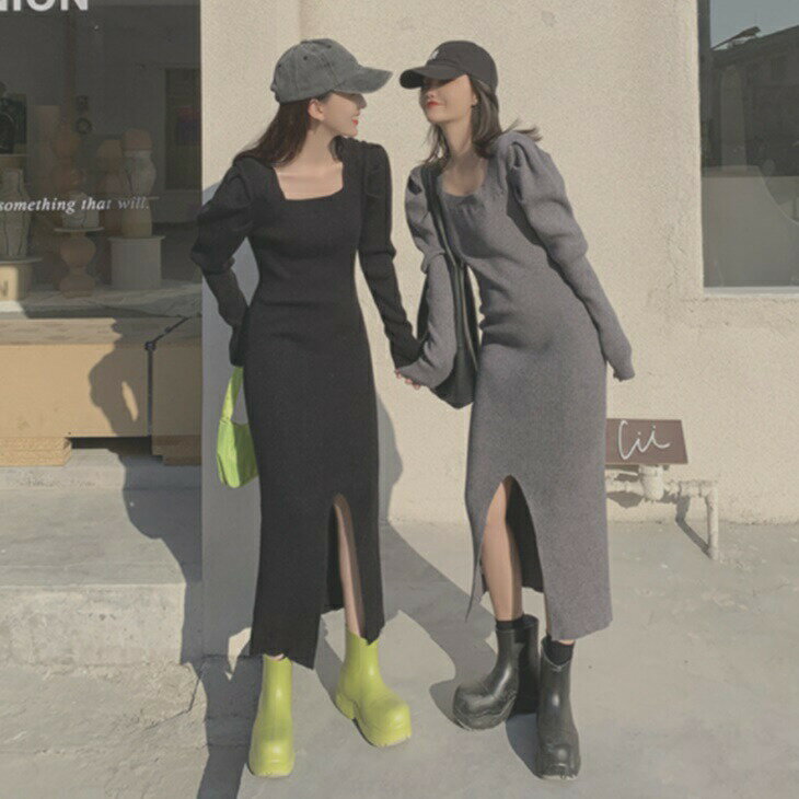 樂天商城 - パフスリープスリムニットロングワンピ—ス スリット 温かワンピ 大人カジュアル きれかわワンピコーデ 大人ファッション 大人コーデ 大人カジュアル 大人韓国コーデ アラサーファッション アラサーコーデ ママコーデ アラフォーコーデ シンプルライフ ins