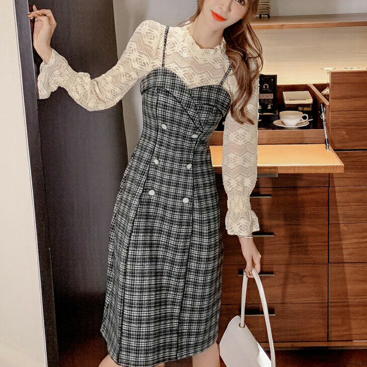 樂天商城 - 春ワンピ 格子柄ウールステッチワンピース ナチュラルワンピ 清楚ワンピ 大人カジュアルワンピ きれかわワンピ 大人ファッション 大人コーデ 大人カジュアル 大人韓国コーデ アラサーファッション アラサーコーデ ママコーデ アラフォーコーデ ins