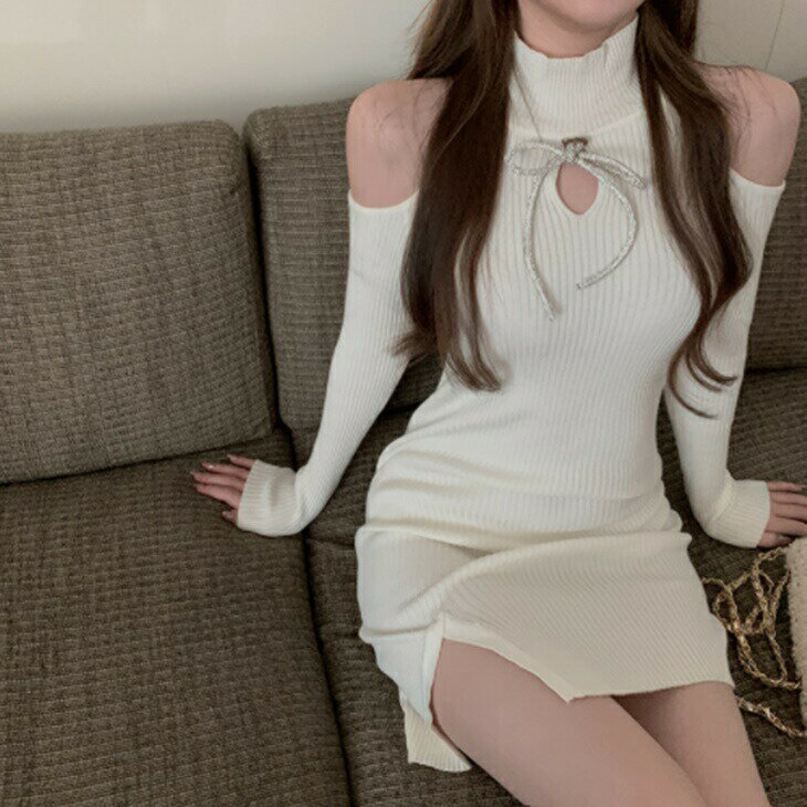 秋 韓国ファッション 韓国コーデ 長袖 膝丈 ワンピース タイトワンピ レディース レディースファッション レディースワンピース 大人 きれいめ 上品 可愛い かわいい お洒落 スリット 肩出し