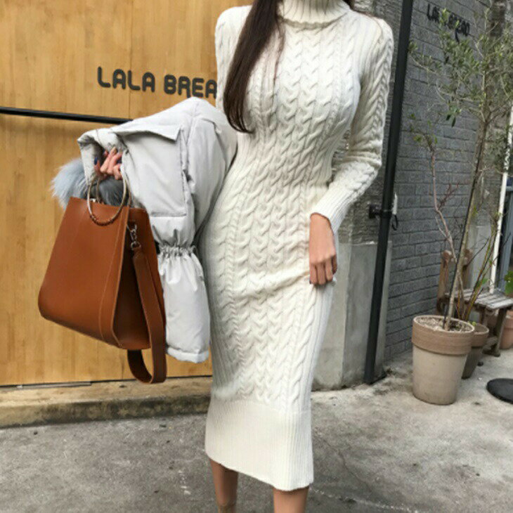 秋冬 韓国ファッション 韓国コーデ 3色 長袖 膝丈 タートルネック ワンピース ニットワンピ レディース 可愛い お洒落 大人 細見え きれいめ 上品 レディースファッション かわいい トレンド レディースワンピース