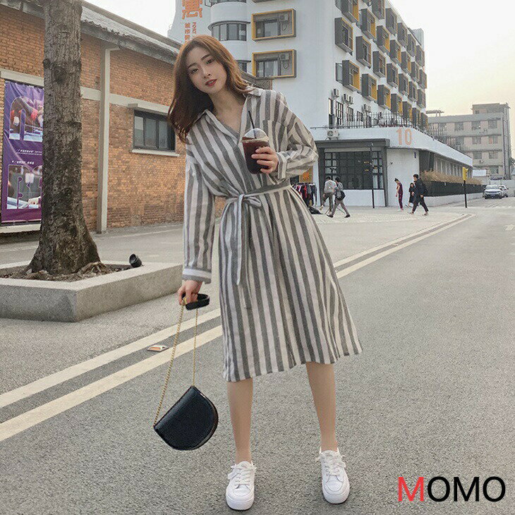 樂天商城 - ストライプハイウエストシャツワンピース オールシーズンワンピ ナチュラルワンピース 普段着ワンピ 清楚ワンピ 大人カジュアルコーデ アラサーちゃんコーデ アラサーコーデ シンプルコーデ 大人ファッション 大人コーデ 大人韓国コーデ ワンマイルコーデ