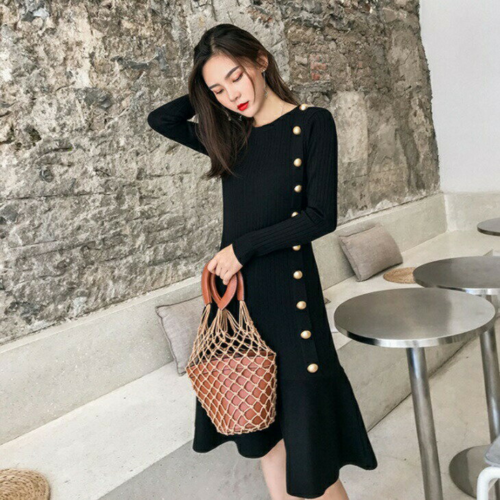 ハイウエストロングニットワンピース ラウンドネックワンピース パーティーワンピース 清楚ワンピ 大人カジュアルコーデ アラサーちゃんコーデ アラサーコーデ アラフォーコーデ シンプルコーデ 大人ファッション 大人コーデ 大人韓国コーデ ワンマイルコーデ