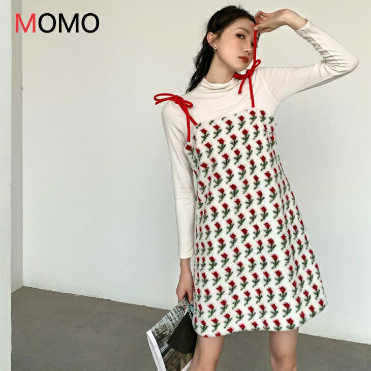 樂天商城 - 花柄サスペンダーワンピース 清楚系綺麗フローラルワンピース 可愛いボア素材ワンピース 大人カジュアルコーデ アラサーコーデ アラフォーコーデ シンプルコーデ 大人ファッション 大人コーデ 大人韓国コーデ ワンマイルコーデ ins