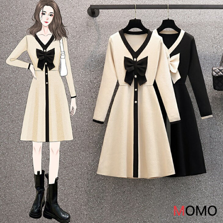 樂天商城 - 大きいサイズ 可愛いボウタイ付 Vネックスリム ニット ワンピース 着痩せワンピース ウエスト絞り 伸縮素材 大人カジュアル アラサーコーデ アラフォーコーデ ナチュラルコーデ ワンマイルコーデ 韓国 ファッション L〜4XL