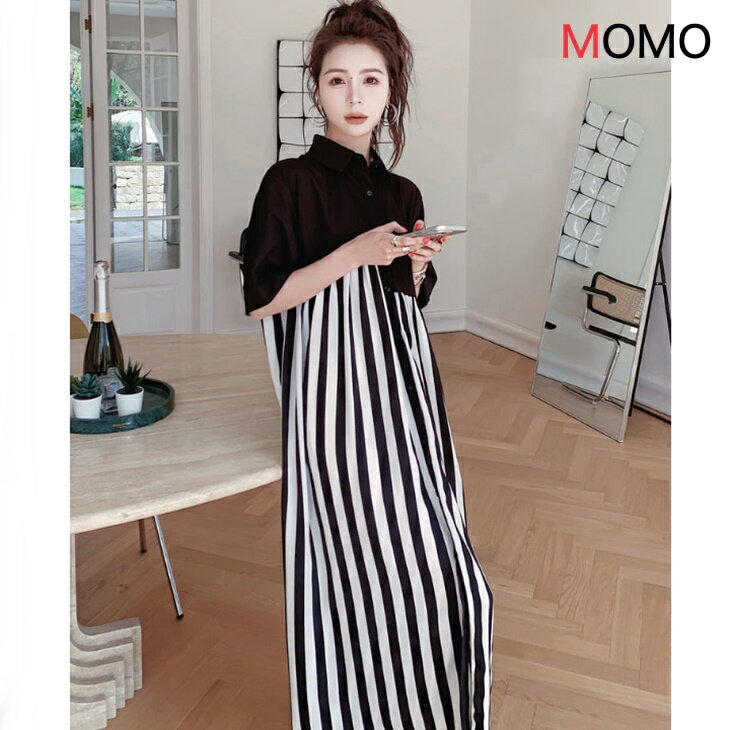 樂天商城 - ゆったり ロング ストライプ 半袖 ワンピース 着痩せ 綺麗目ワンピース シャツワンピース お出かけワンピース シンプルワンピース 大人カジュアル 大人ファッション 大人コーデ アラサーファッション アラサーコーデ 大人韓国コーデ ワンマイルコーデ